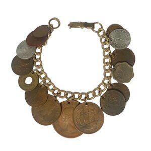 1950s Foreign Coin Charm Bracelet Multi-Color England Sweden France Holland
